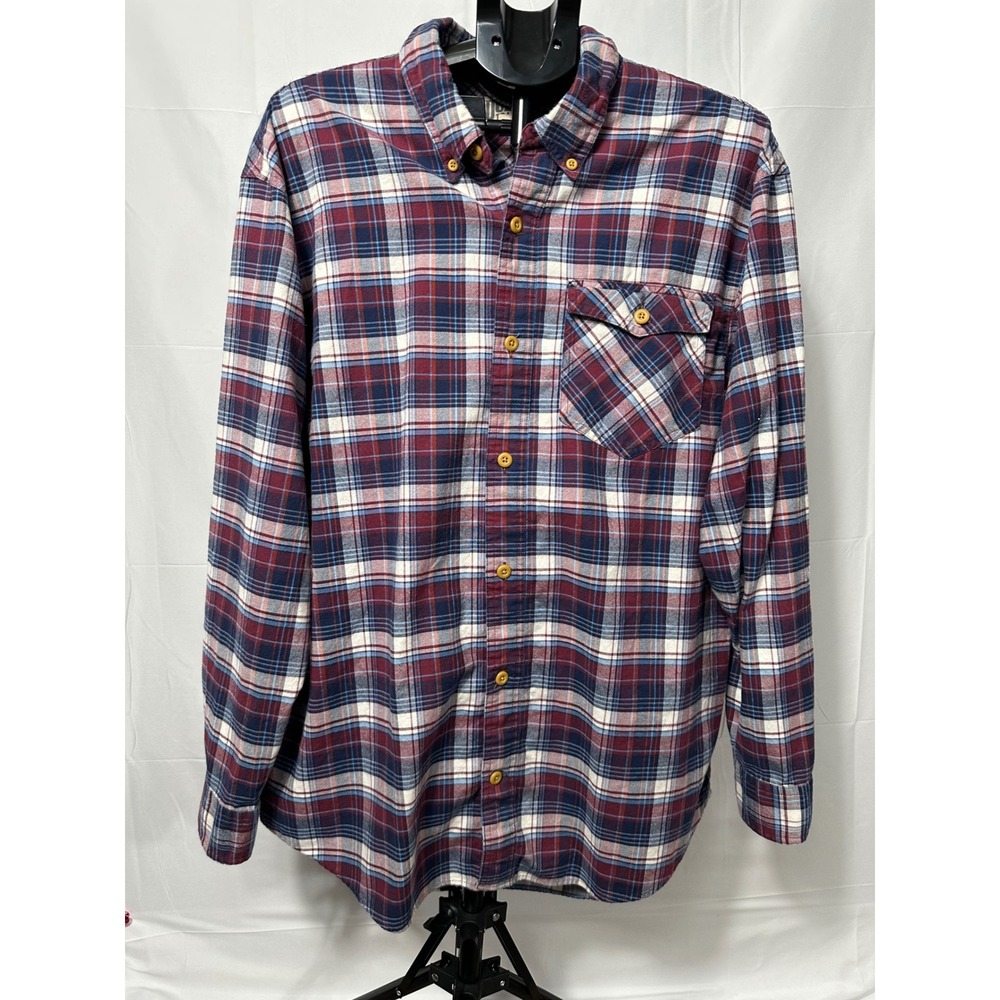 Duluth Trading Co Mens Large Red Blue Plaid Flannel Button Down Cotton Shirt L - Picture 1 of 7